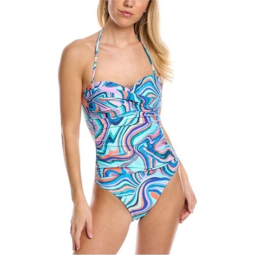 La Blanca Bandeau Mio‎ Twist Multicolor Crystal Cove One Piece Swimsuit Size 12